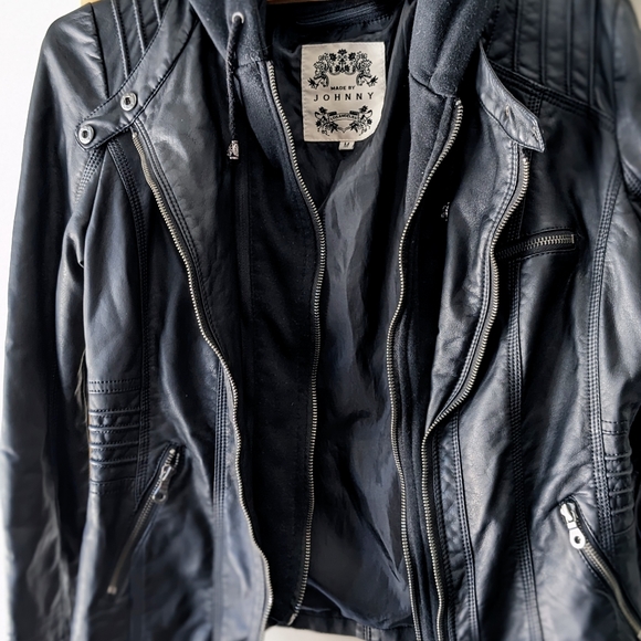 Faux Leather Motorcycle Jacket with Hoodie - Picture 4 of 4